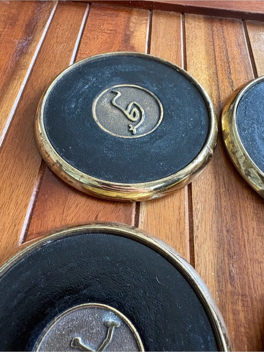 Vintage Solid Brass Leather & Cork Coaster Set of 4 Early Christian Symbols